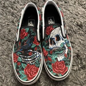 Vans Slip-On Shoes with Red and Green Floral Design